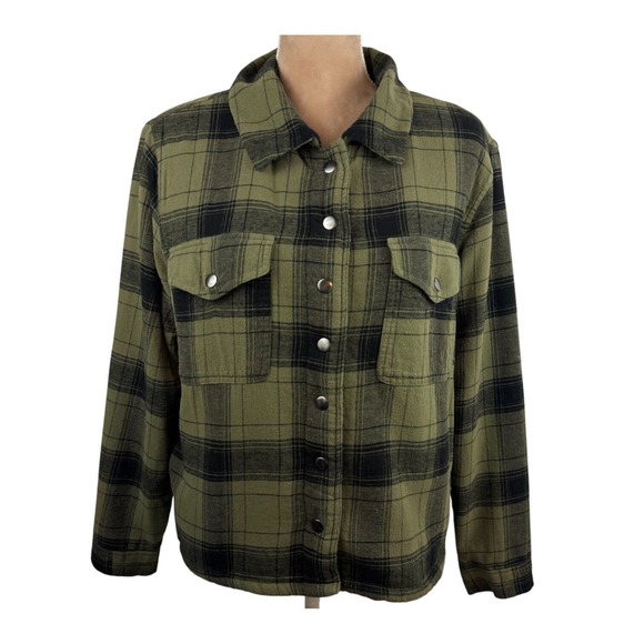 Lucky Brand Womens Jacket‎ Army Green Plaid Flannel Sherpa Lined Pockets Sz Lg - Picture 1 of 13